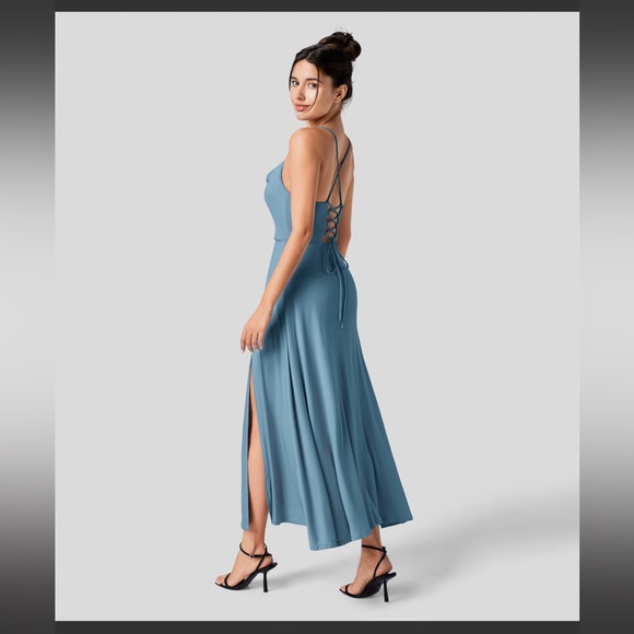 Ribbed Cowl Neck Backless Crisscross Lace Up Split Midi Party Dress - Picture 2 of 4